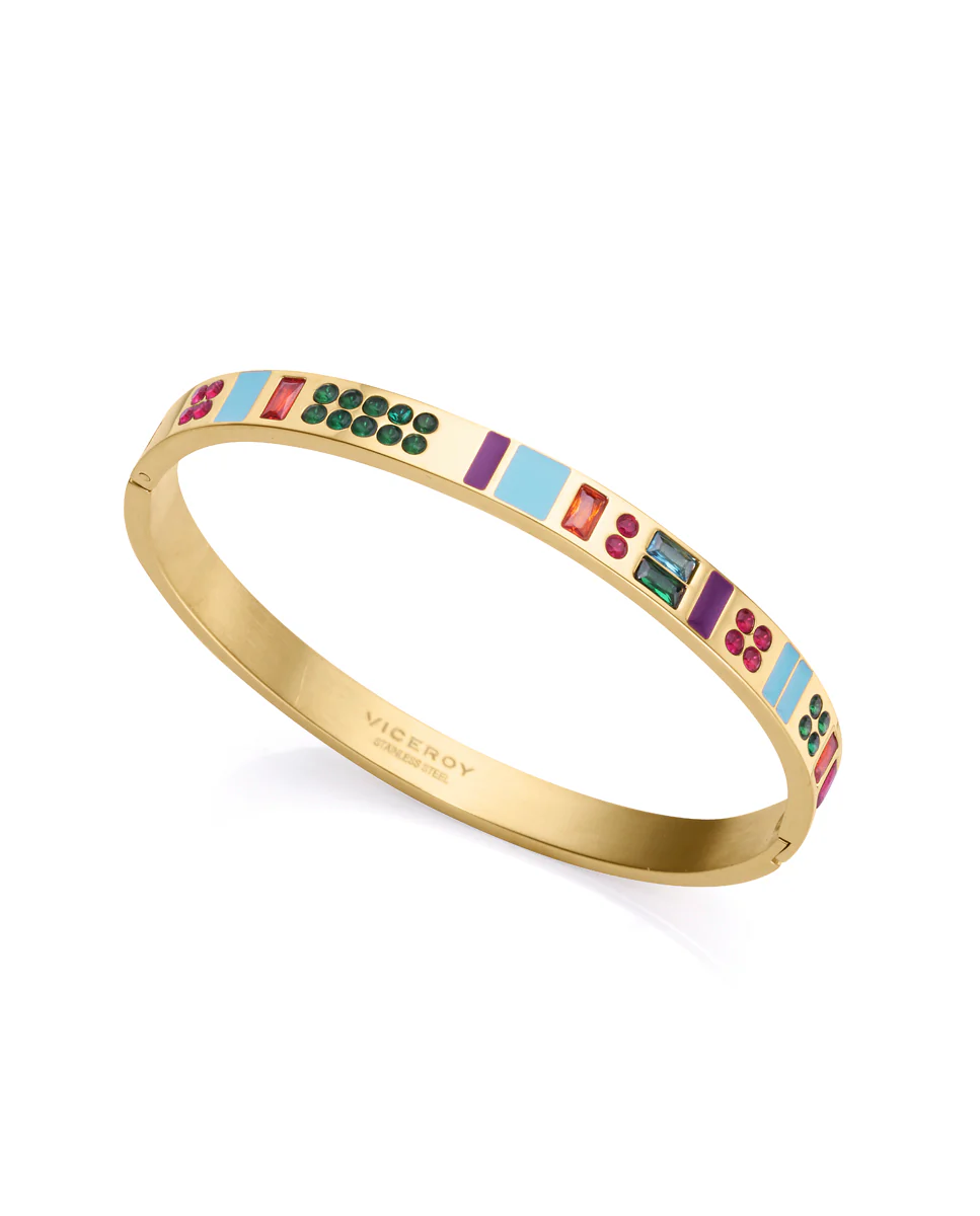 Pulsera Chic de acero Ip dorado esclava cerrada con esmalte y circonitas de colores