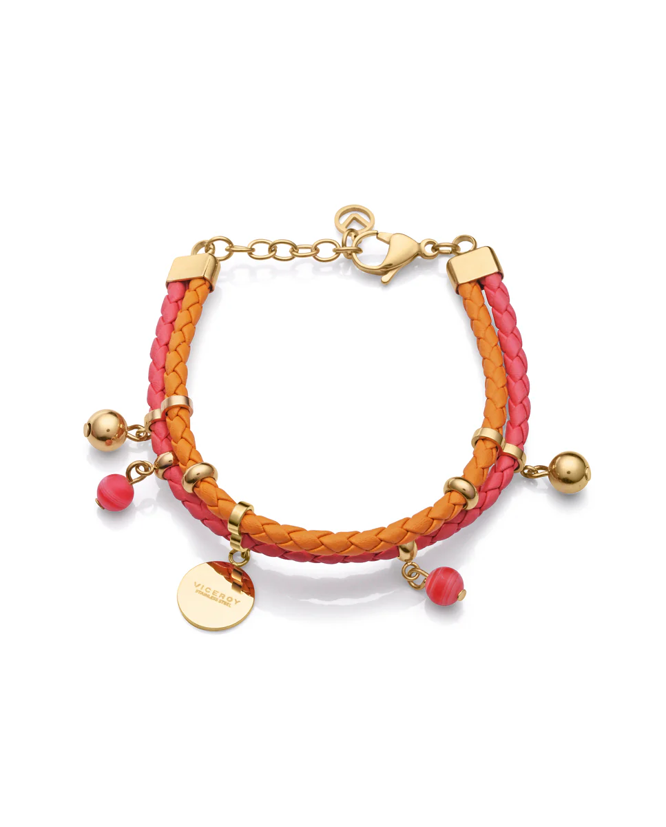 Pulsera Chic de acero Ip dorado y piel trenzada con colgantes y piedras