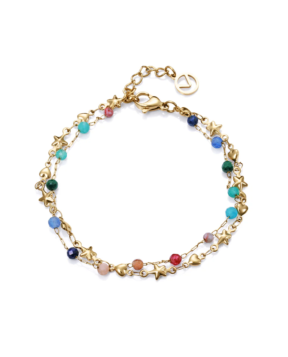 Pulsera de acero dorado doble para mujer con piedras naturales de colores