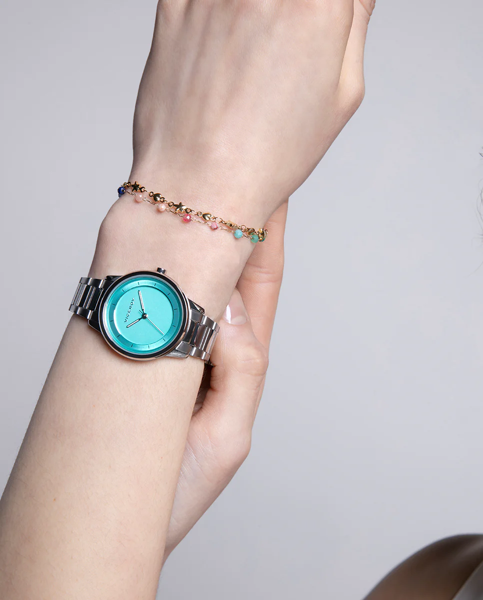 Pulsera de acero dorado doble para mujer con piedras naturales de colores - Image 2