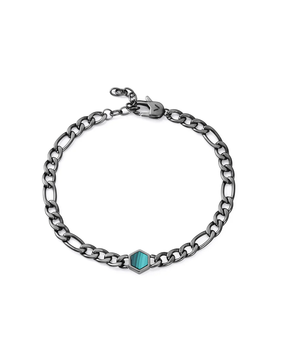 Pulsera de hombre de acero Ip gris cadena con piedra natural malaquita