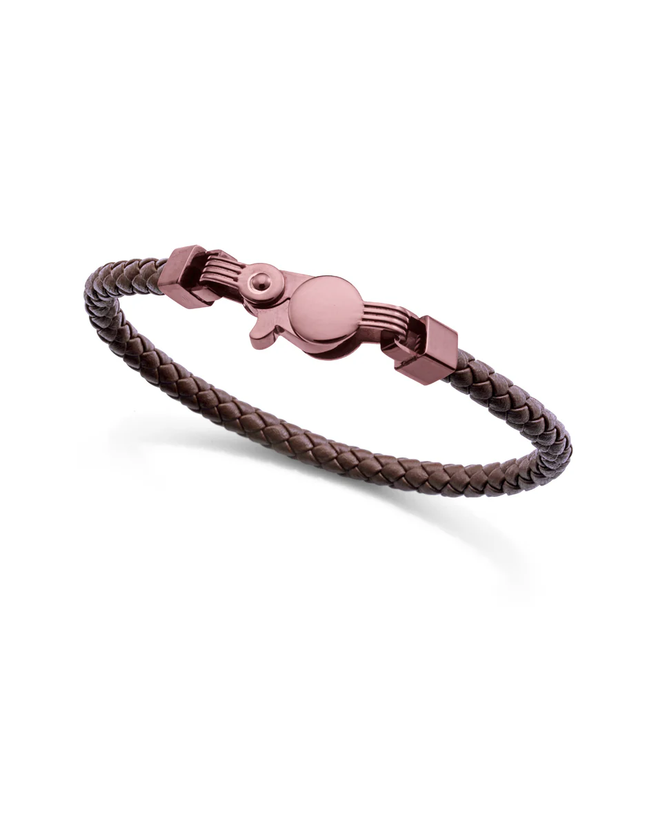 Pulsera de hombre de acero Ip marrón y piel marrón trenzada