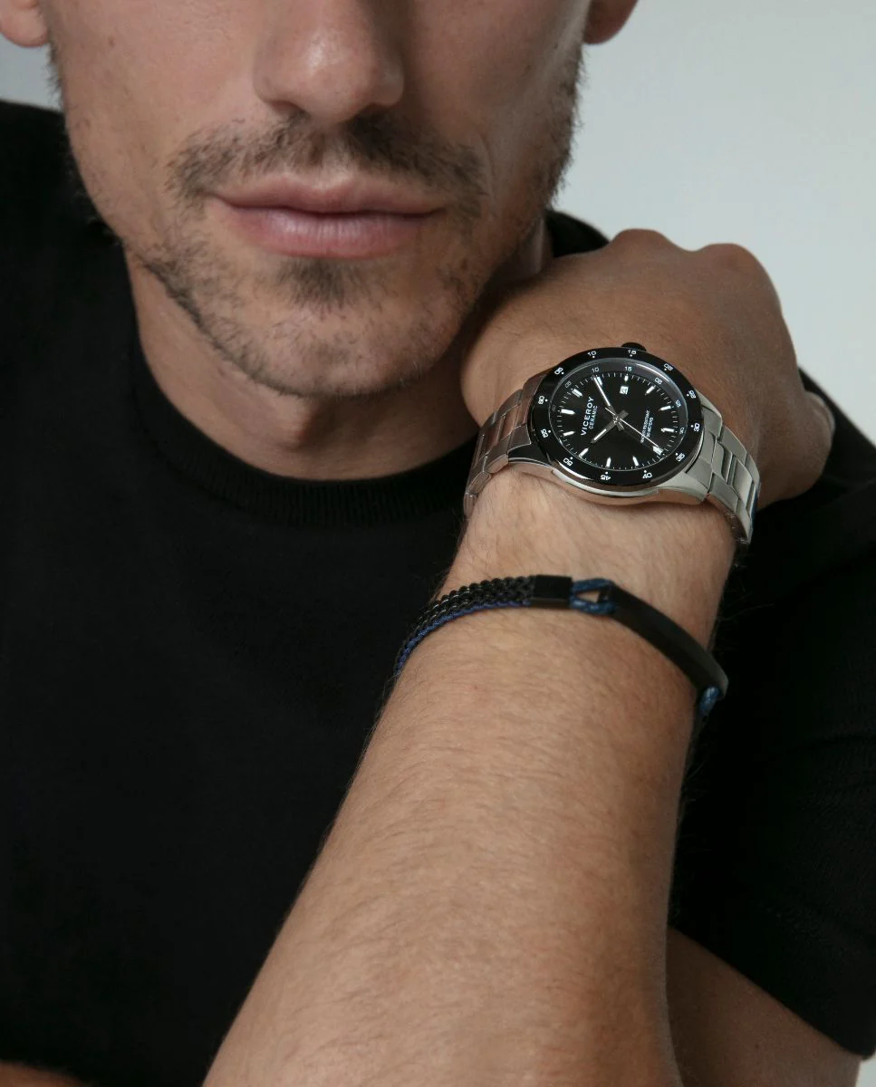 Pulsera de hombre de acero Ip negra trenzada con piel azul - Image 2
