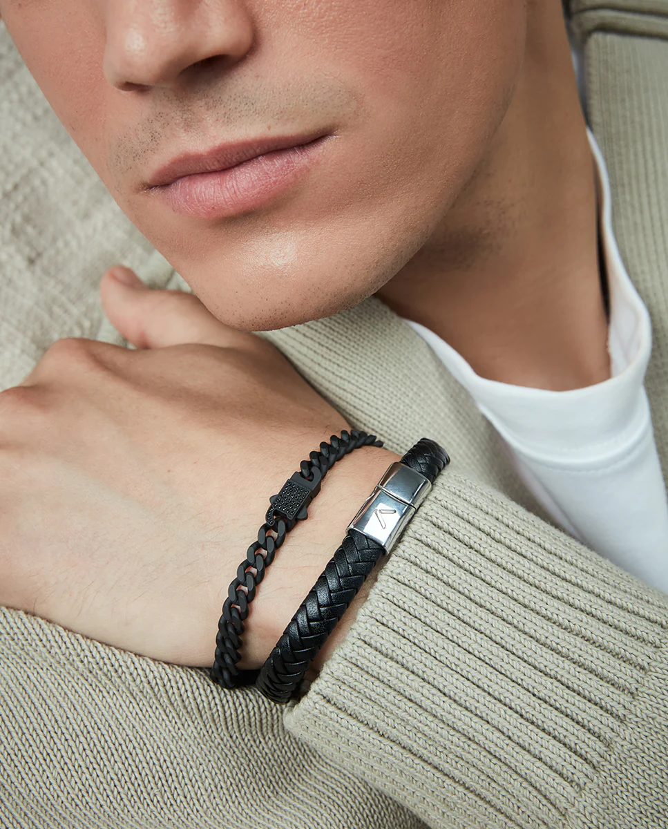 Pulsera de hombre de acero Ip negro cadena con circonita negra - Image 2