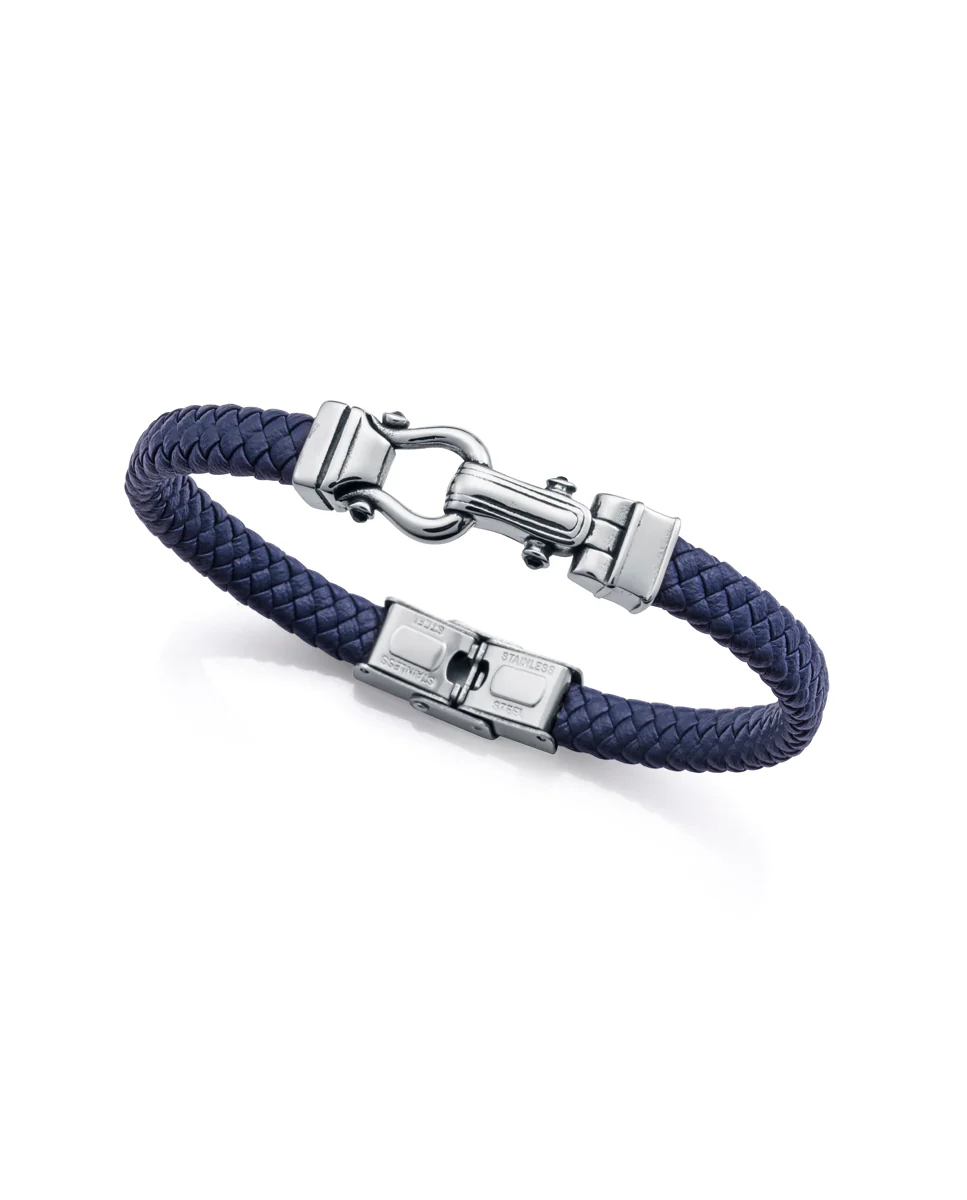 Pulsera de hombre de acero y piel azul trenzada