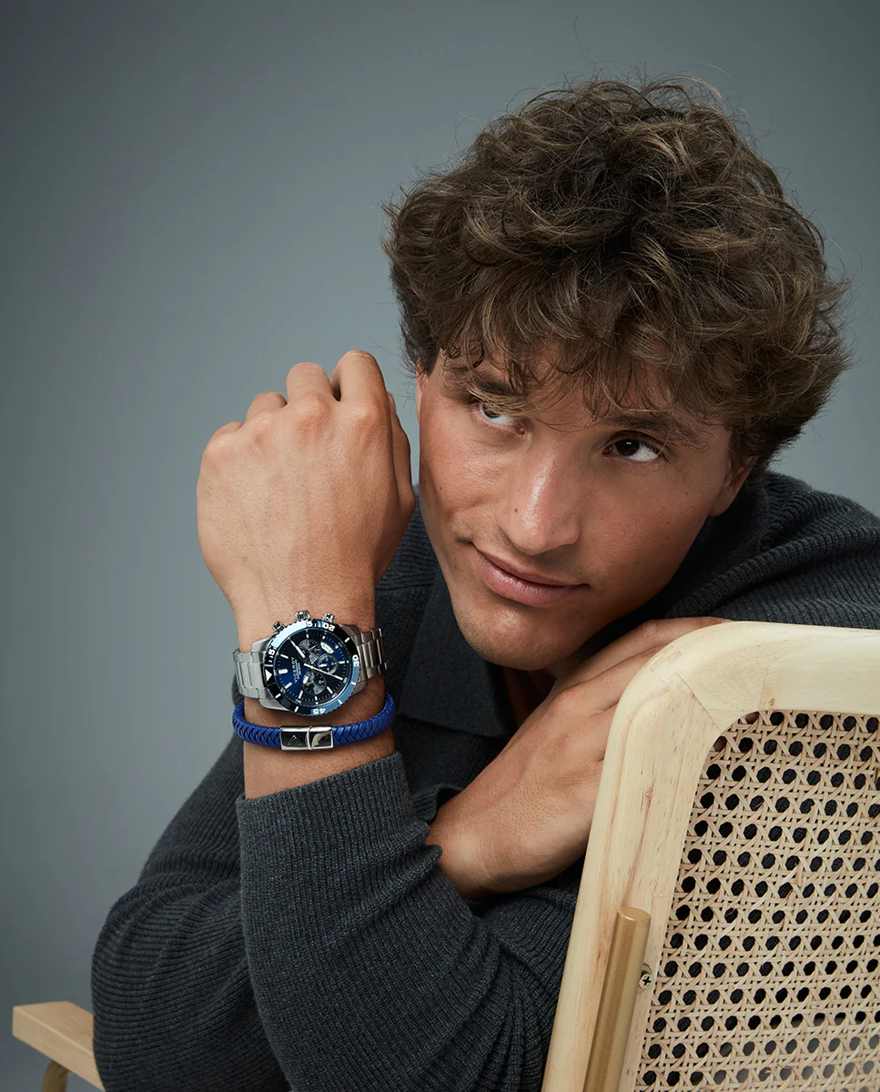 Pulsera de hombre de acero y piel azul trenzada - Image 2