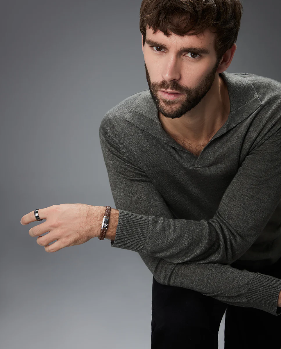 Pulsera de hombre de acero y piel marrón trenzada con esmalte marrón - Image 3