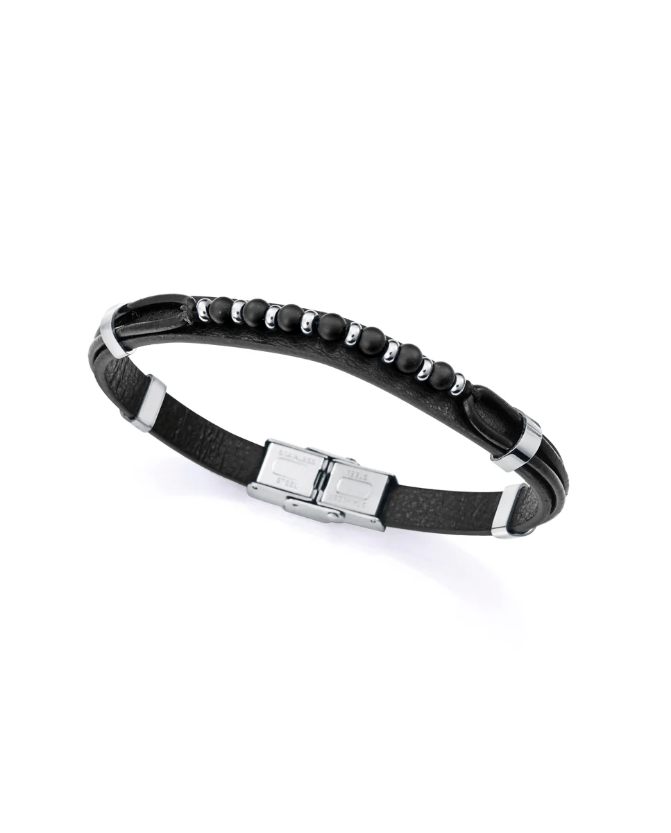 Pulsera de hombre de acero y piel negra