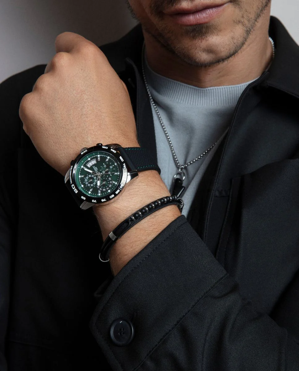 Pulsera de hombre de acero y piel negra - Image 2
