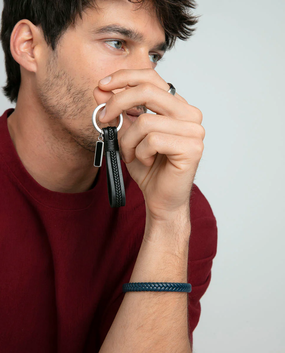 Pulsera de hombre de acero y piel trenzada azul - Image 3