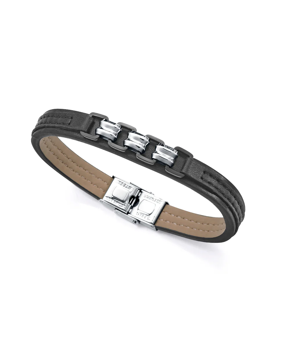 Pulsera de piel negra con cadena bicolor en acero Ip negro