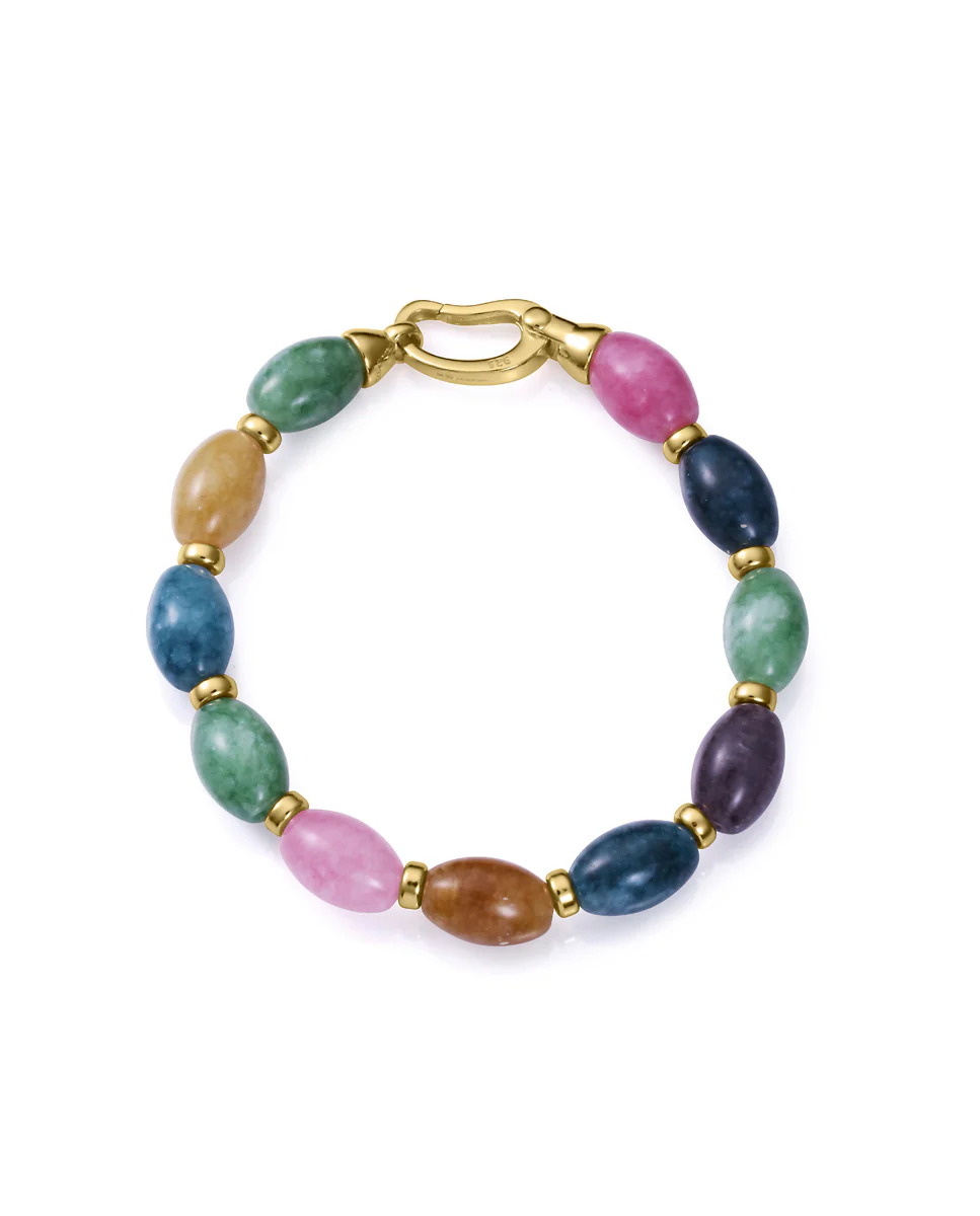 Pulsera  de plata de primera ley con baño de oro y piedras naturales jade