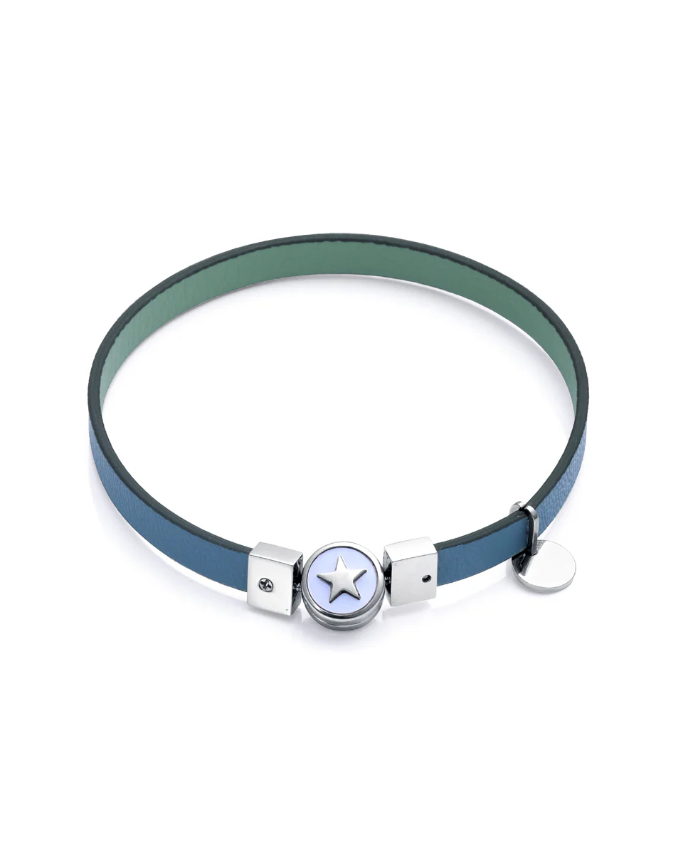Pulsera Eco de acero reciclado con correa vegana reversible azul denim y verde - Image 2