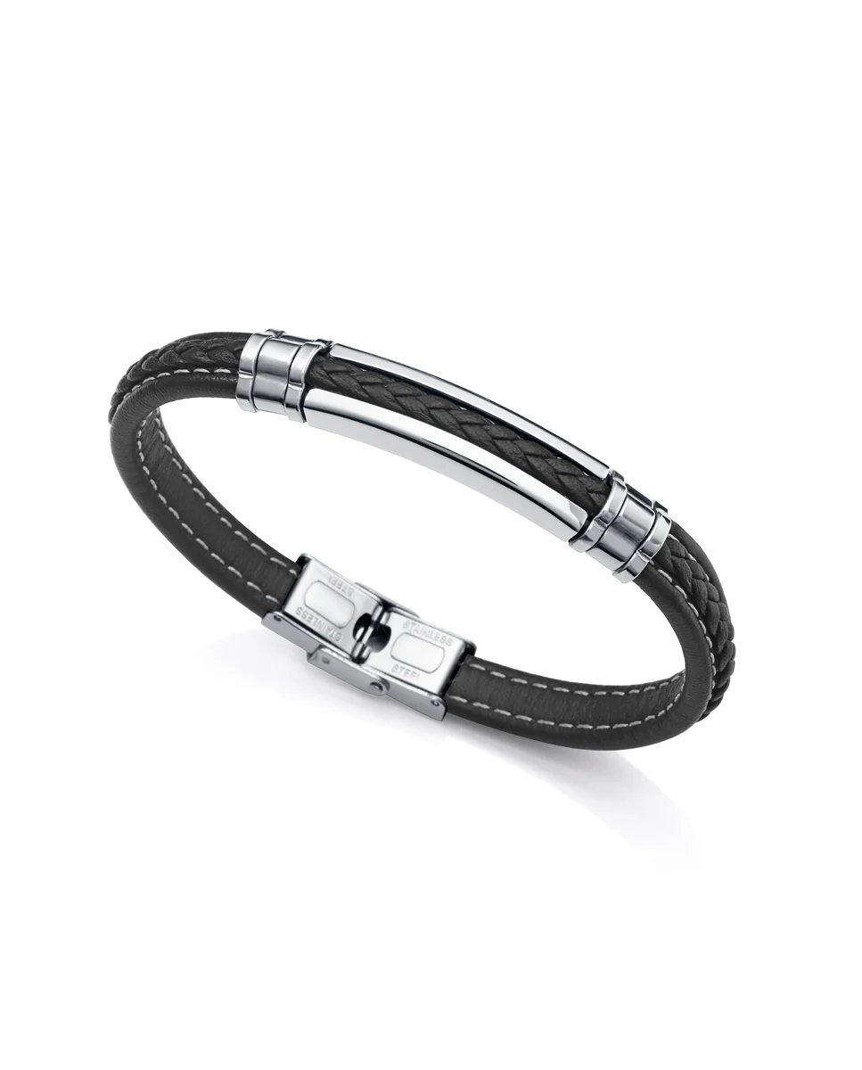 Pulsera Magnum de acero con piel negra - Image 2