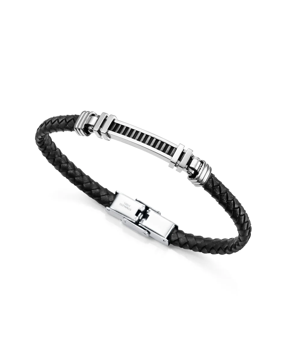 Pulsera para hombre en piel trenzada negra con motivo de placa en acero
