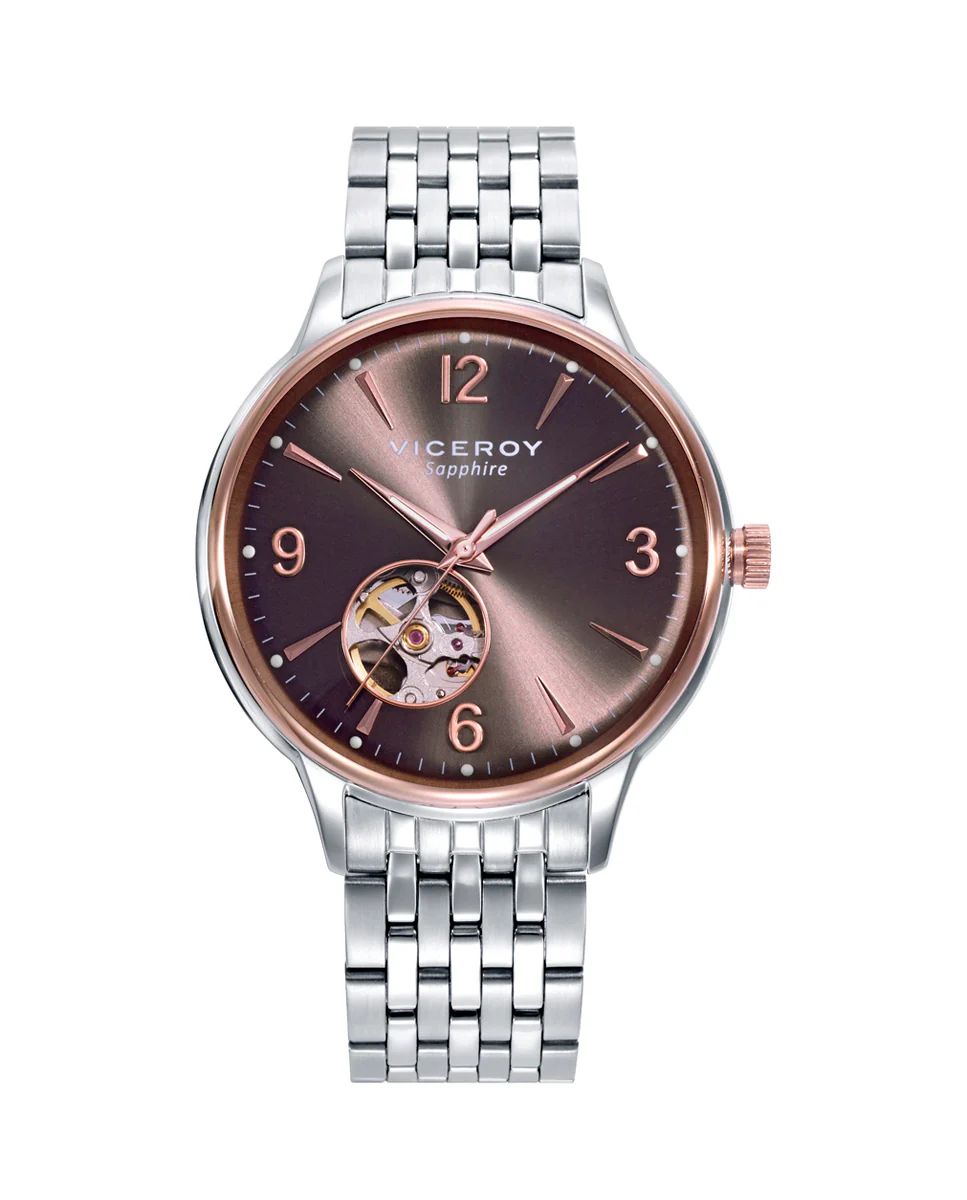 Reloj caja bicolor acero e Ip rosa con cristal zafiro 5 atm y brazalete de acero con movimiento automático
