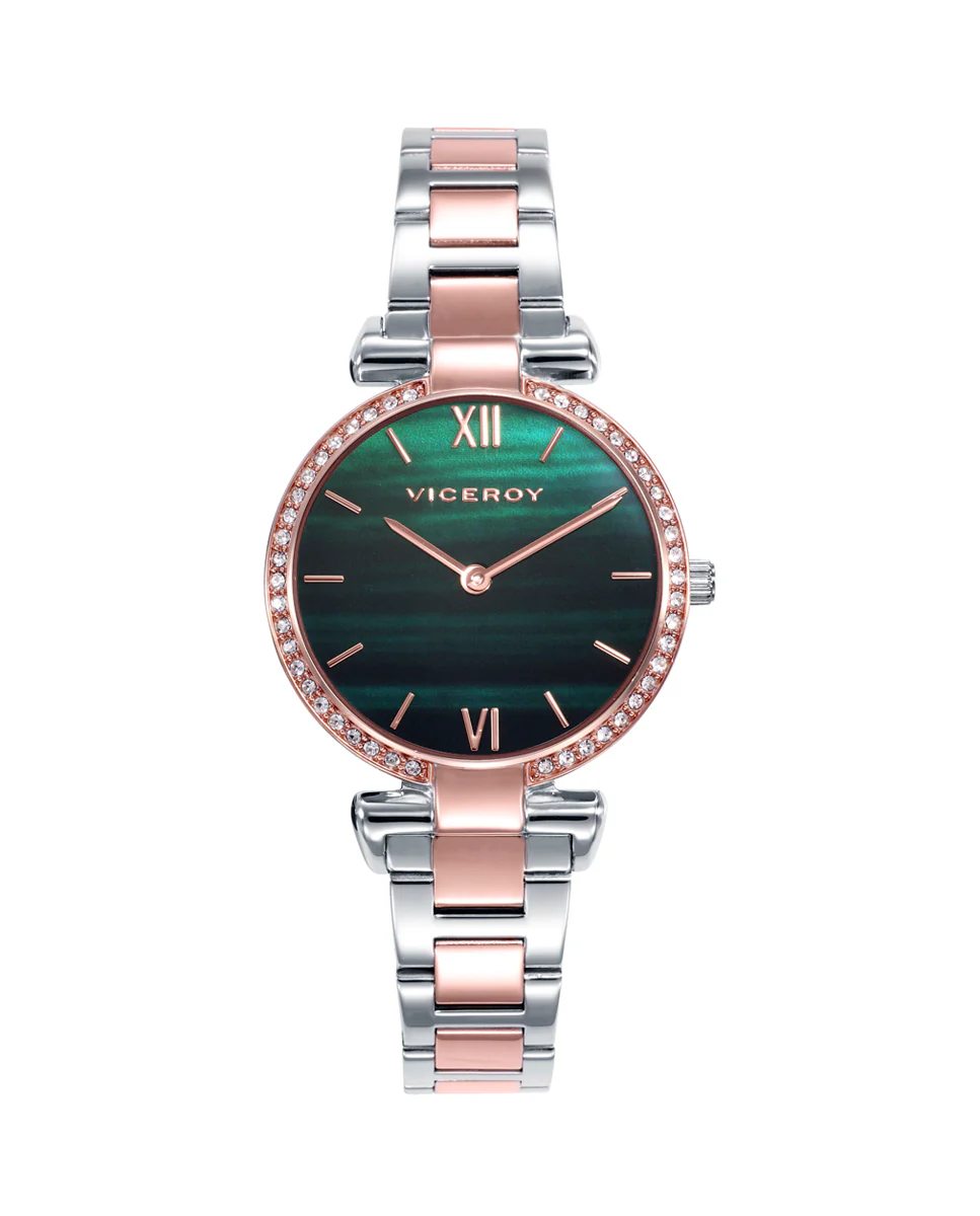 Reloj caja bicolor de acero e Ip rosa con bisel de circonitas blancas 5 atm y brazalete bicolor de acero e Ip rosa con movimiento cuarzo