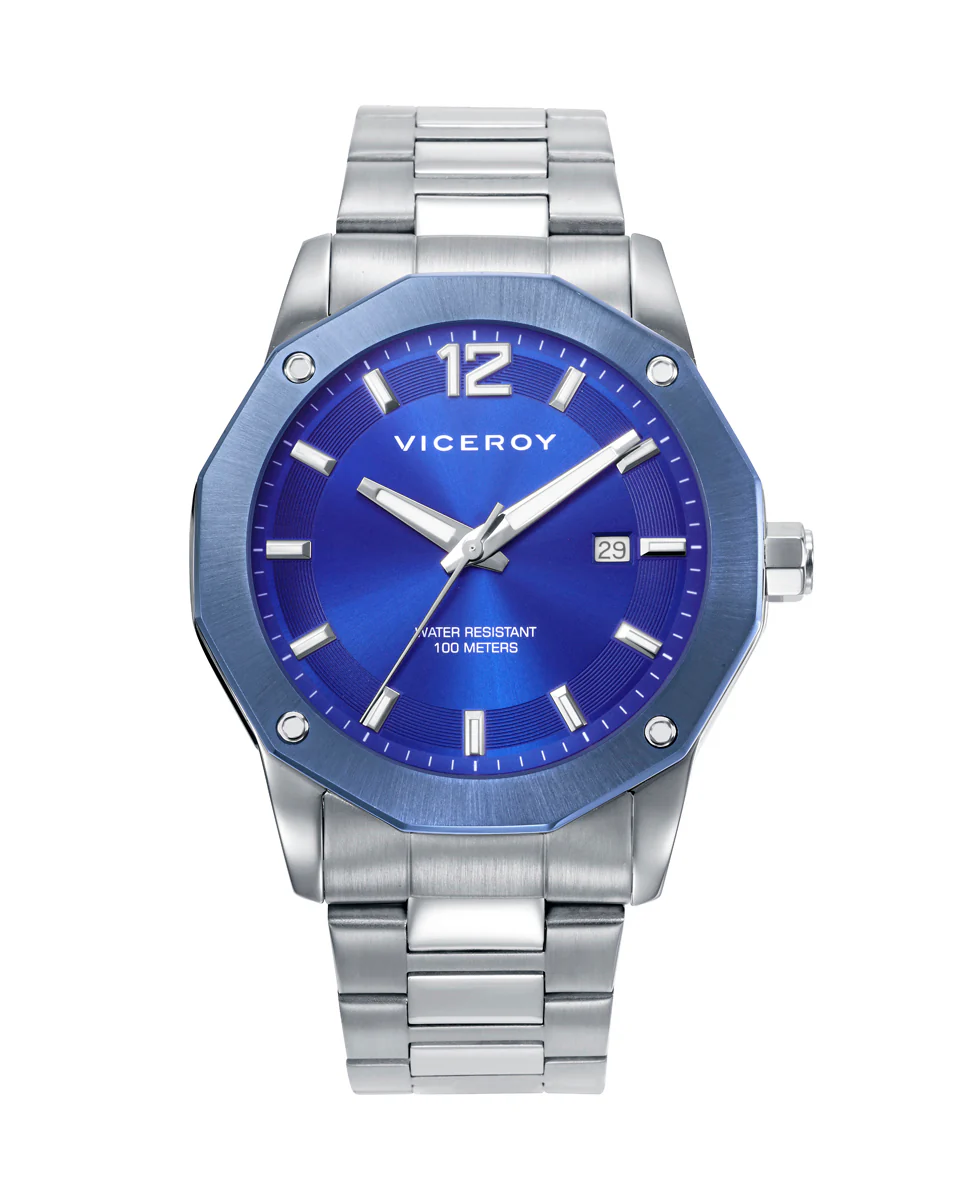 Reloj caja bitono de acero e Ip azul 10 Atm, brazalete de acero, movimiento cuarzo