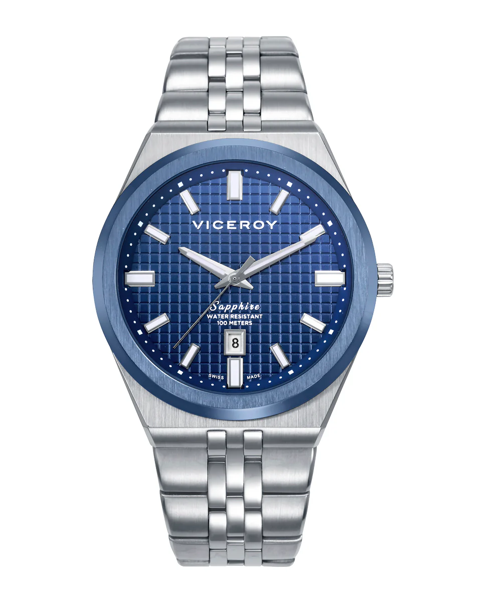 Reloj caja bitono de acero e Ip azul 10 Atm, brazalete de acero, movimiento cuarzo Suizo, Swiss made
