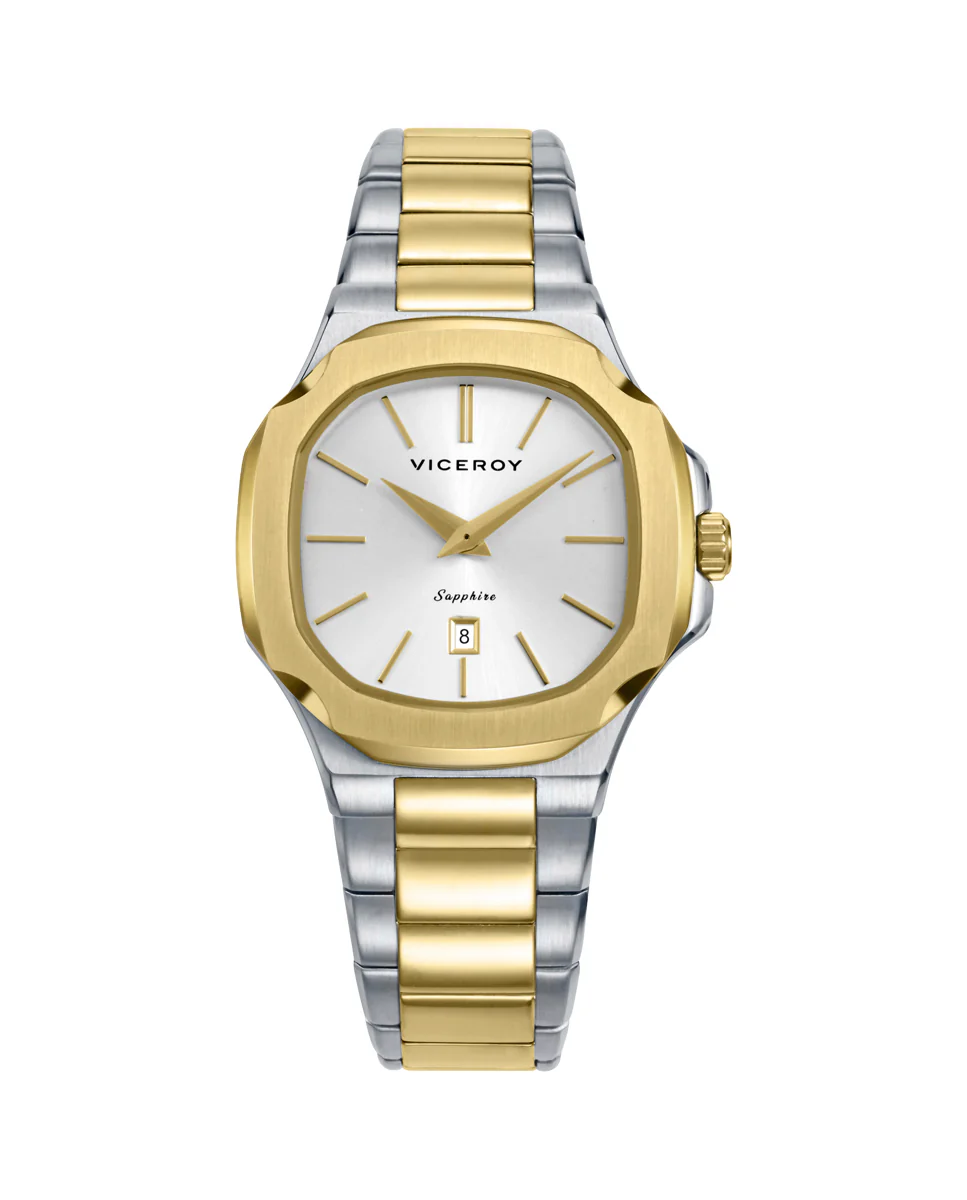 Reloj caja bitono de acerro e Ip dorado 10 Atm, brazalete bitono de acero e Ip dorado,movimiento cuarzo, colección Laura Escanes