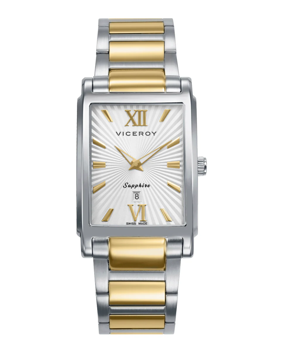 Reloj caja de acero 5 Atm, brazalete bitono de acero e Ip dorado, movimiento cuarzo Suizo, Swiss made