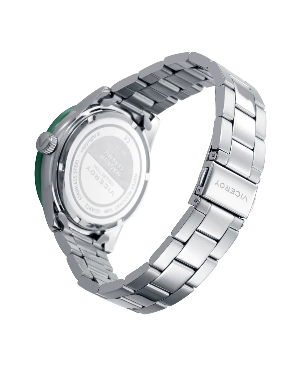 Reloj caja de acero con bisel cerámico verde 5 atm y brazalete acero con movimiento cuarzo - Image 2