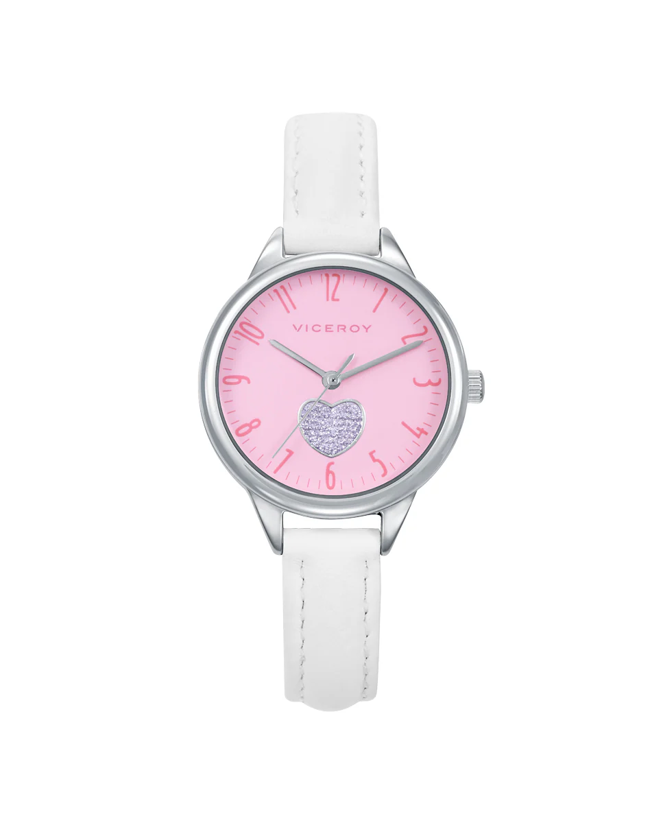 Reloj caja de acero, correa de piel  blanca, movimiento cuarzo. Pulsera de plata de primera ley con cordon rosa con motivo corazón de regalo.