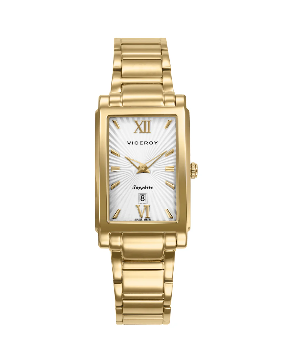 Reloj caja de acero Ip dorado 5 Atm, brazalete de acero Ip dorado, movimiento cuarzo Suizo, Swiss made