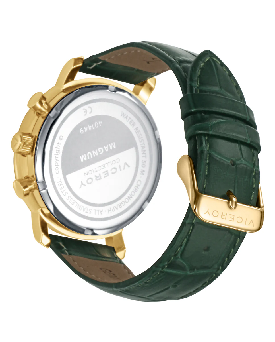 Reloj caja de acero Ip dorado  5 Atm, correa de piel verde, movimiento cuarzo - Image 2