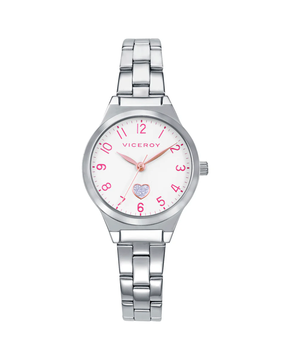Reloj caja de acero y brazalete de acero,movimento cuarzo. Pulsera de plata de primera ley con cordon rosa con motivo corazón de regalo.