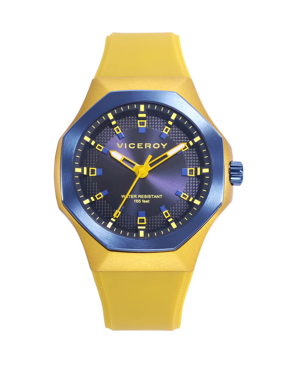 Reloj caja de aluminio amarillo con bisel de acero Ip azul, 5 atm, correa de silicona amarilla, movimiento de cuarzo
