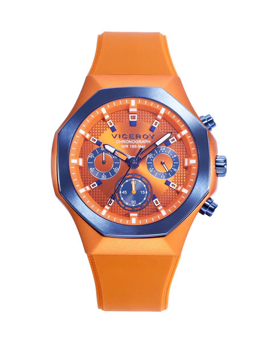 Reloj caja de aluminio naranja con bisel de acero Ip azul, 5 atm, correa de silicona naranja, movimiento de cuarzo