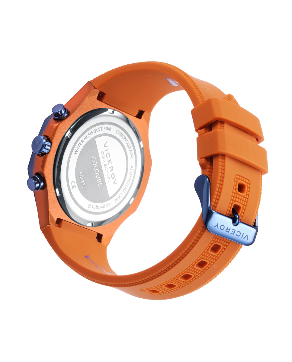 Reloj caja de aluminio naranja con bisel de acero Ip azul, 5 atm, correa de silicona naranja, movimiento de cuarzo - Image 2