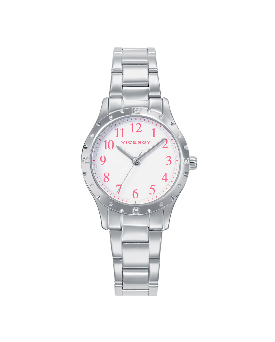 Reloj caja y brazalete de acero, movimiento cuarzoPulsera de plata con cordon rosa con motivos de corazones de regalo