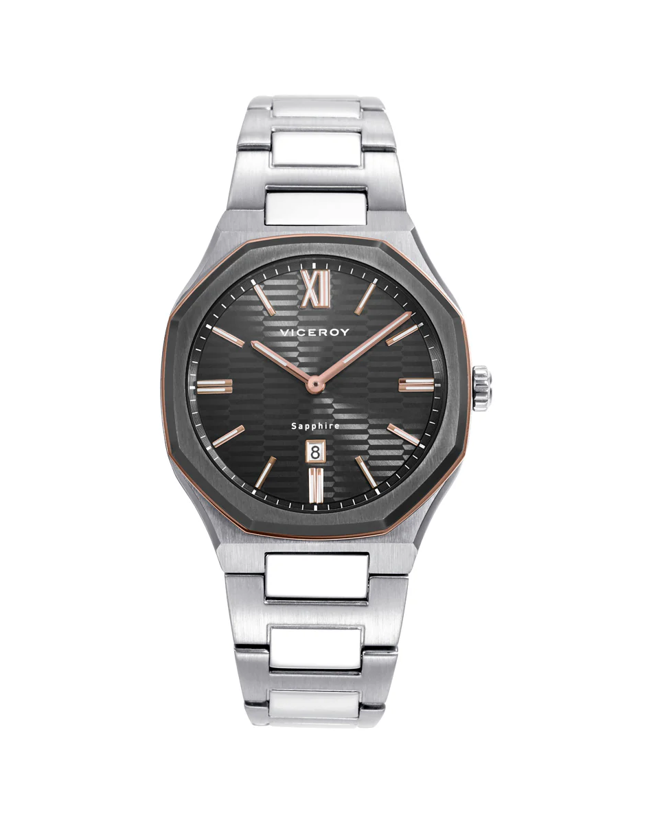 Reloj colección Laura Escanes  caja de acero con doble bisel en Ip gris y rosa  con cristal zafiro 10 atm  y brazalete de acero con movimiento cuarzo