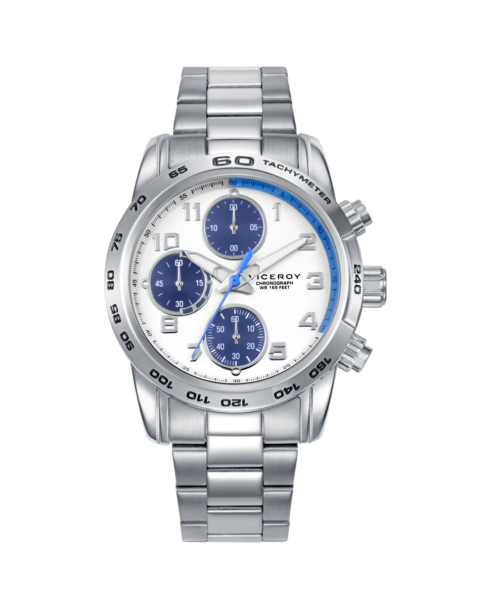 Reloj con caja y brazalete de acero, movimiento cuarzo.Pulsera de acero con cruz y piel azul de regalo.