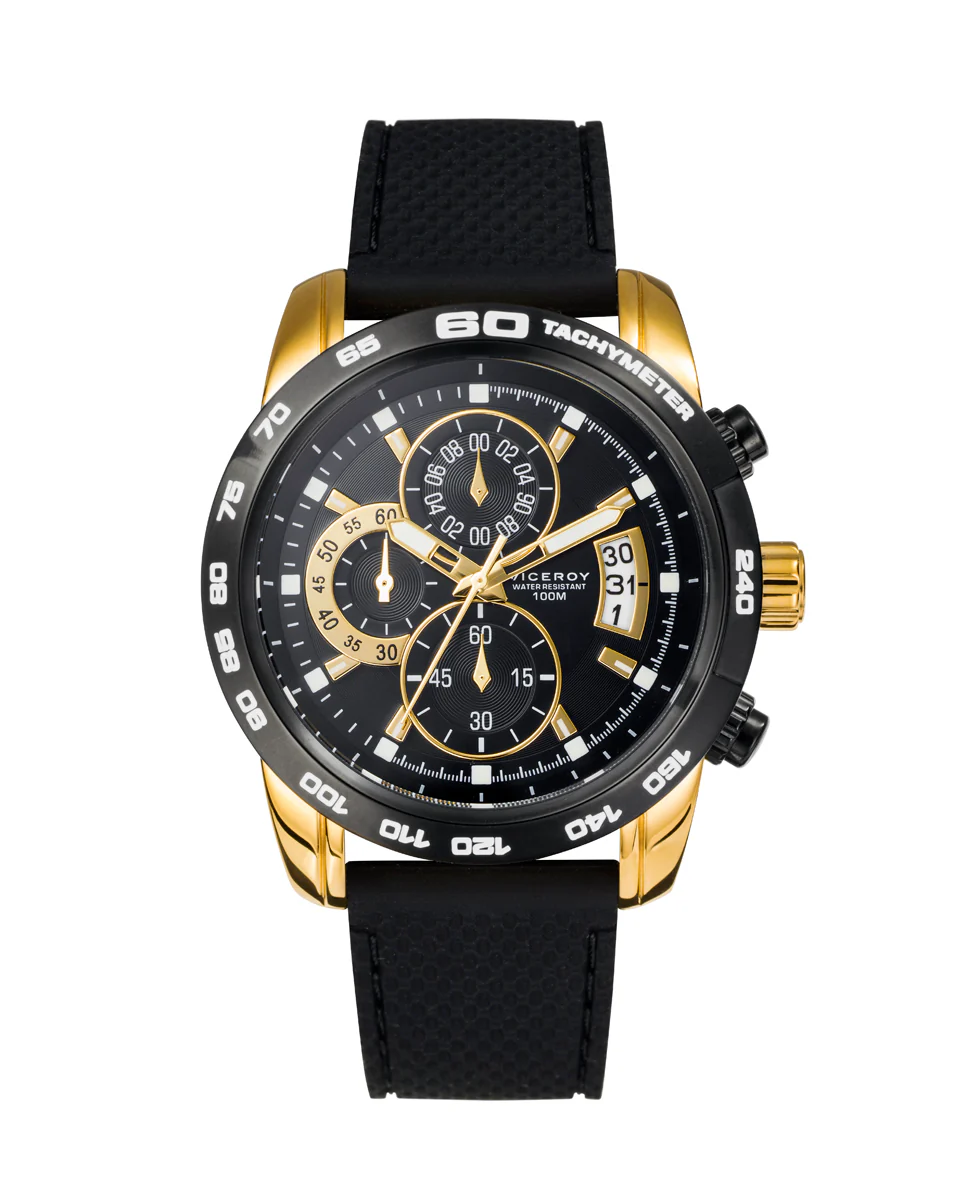 Reloj de hombre Heat cronógrafo de acero con IP dorado y correa de silicona negra