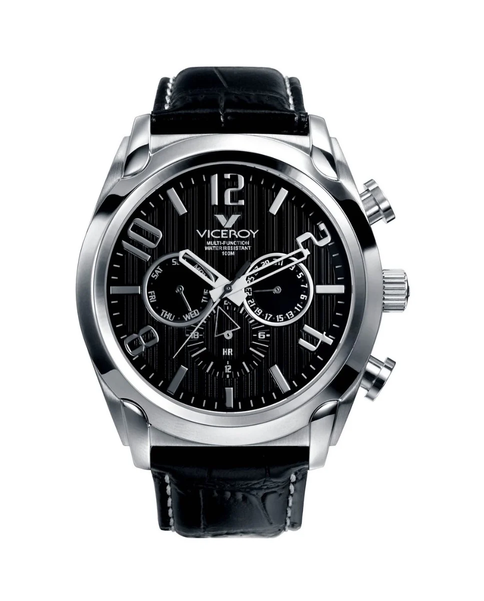 Reloj de hombre multifunción con correa de piel negra