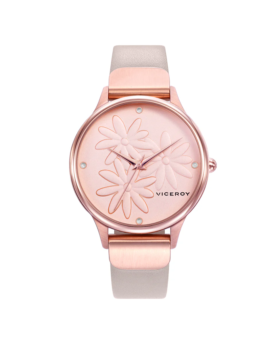 Reloj de mujer Kiss 3 agujas de acero IP rosa y correa de piel beige