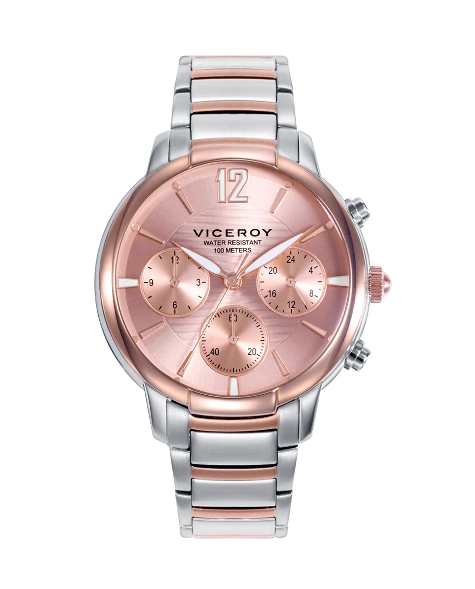 Reloj de Mujer multifunción de acero con terminación bicolor en IP rosa
