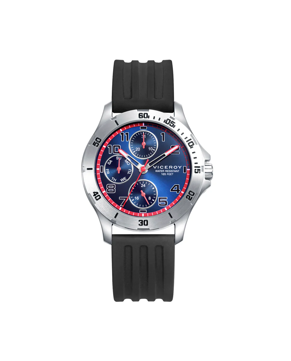 Reloj de niño con esfera azul rojo y números romanos en color negro y blanco. Pulsera de piel trenzada azul con placa de acero y detalles en esmalte de regalo.