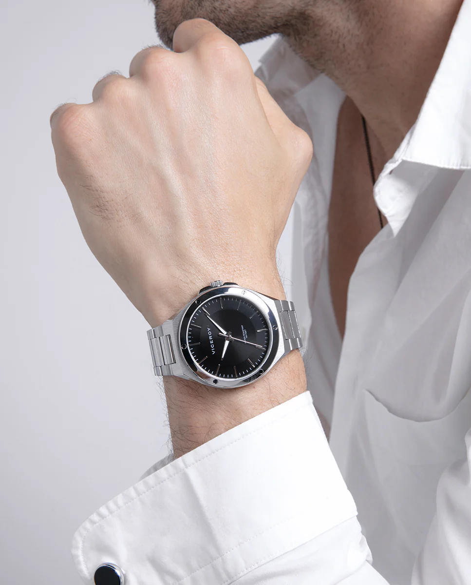 Reloj para hombre de acero con esfera negra y movimiento de cuarzo - Image 3