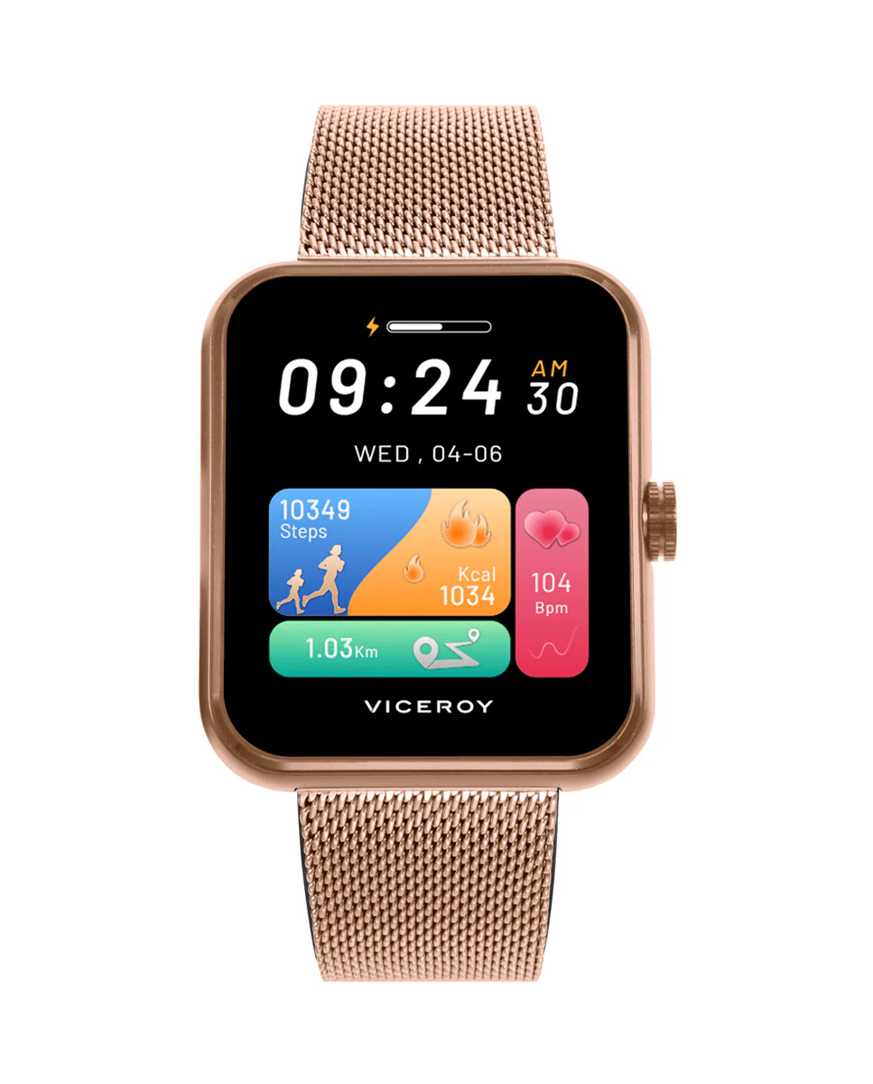 Reloj Smart de alumino con malla milanesa de acero Ip dorado