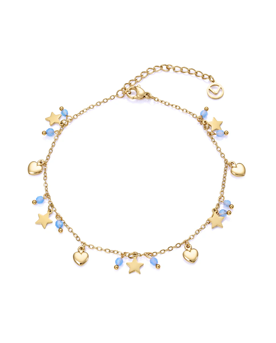 Tobillera de acero dorado con piedras naturales azules y colgantes de estrellas y corazones